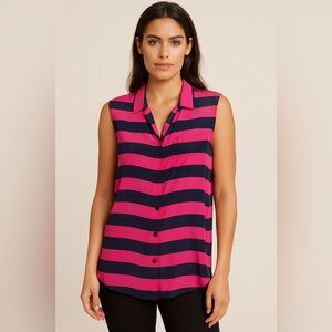 Equipment 100% Silk Hot Pink and Navy Striped sleeveless Blouse Oversized size S